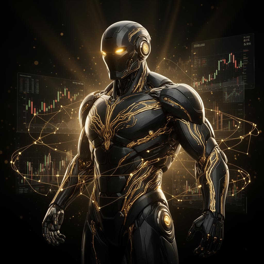 Sovereign AI algorithmic trader — black and gold humanoid intelligence overseeing global markets